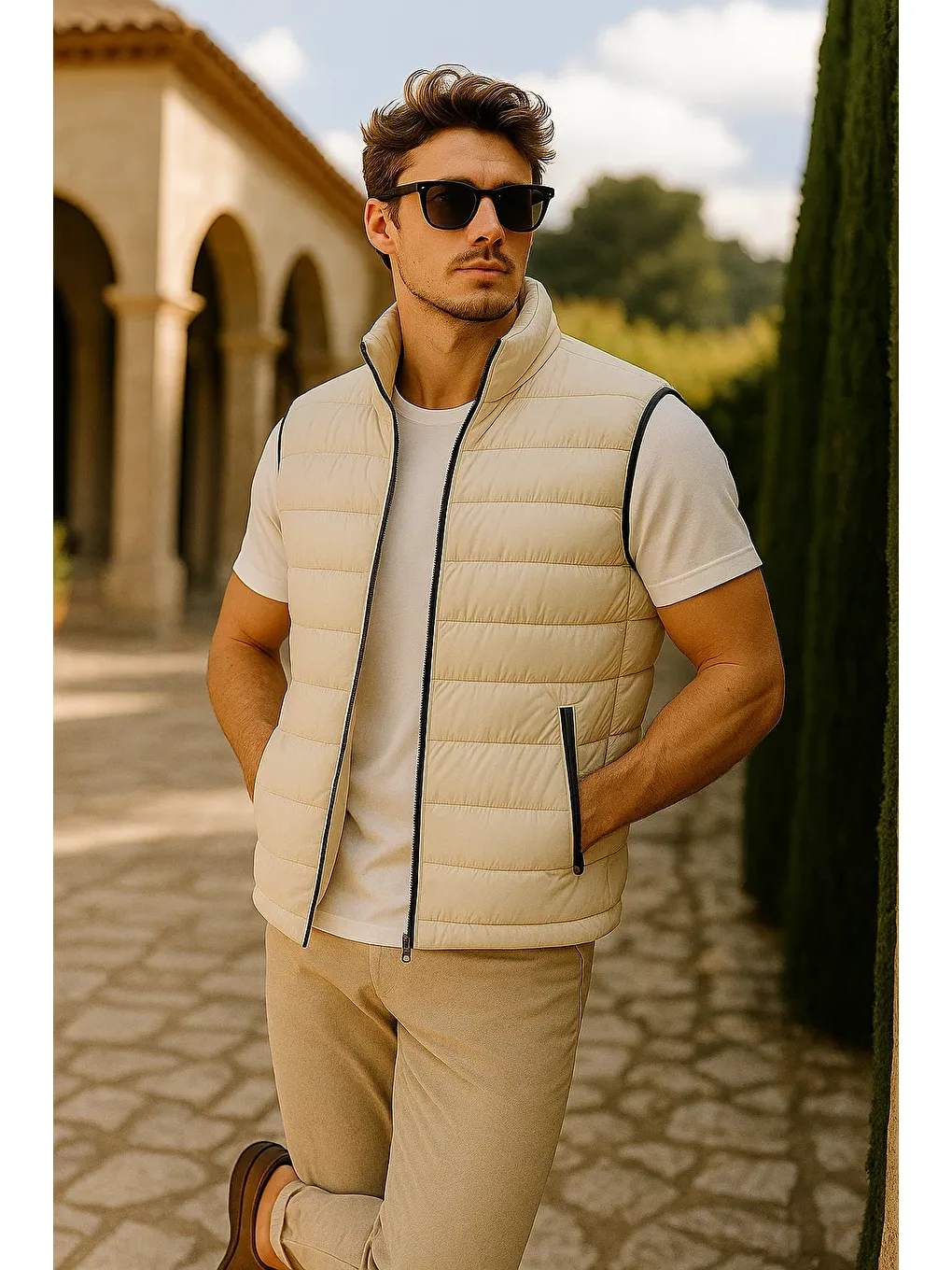 Ekru Erkek Kışlık Premium Trend Fermuarlı Krem Şişme Yelek-2