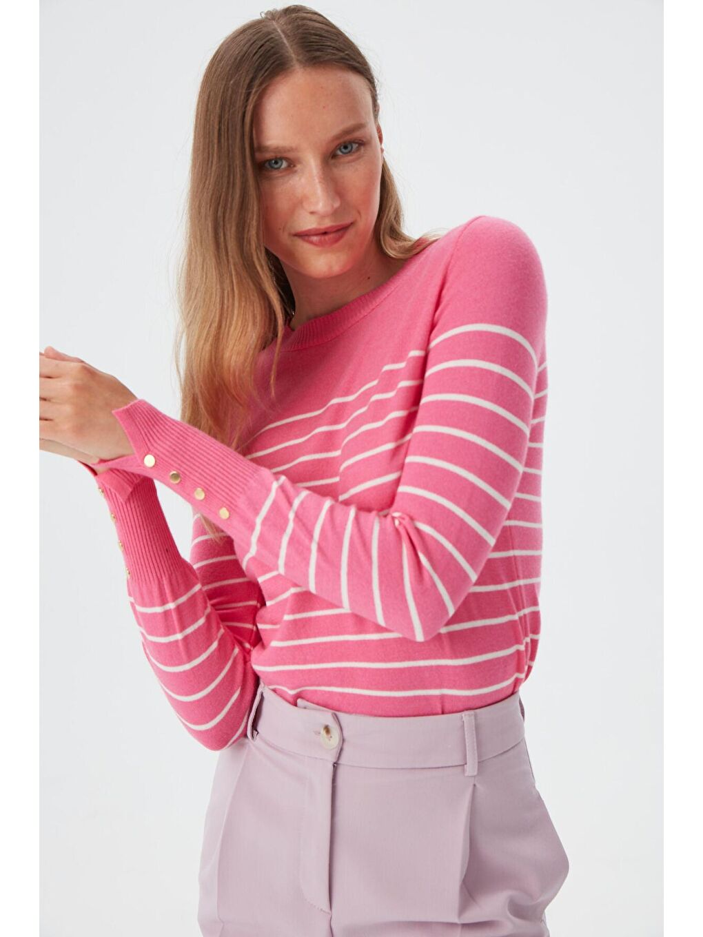 Kadın Fuşya Kolu Aksesuar Detylı Çizgili Bisiklet Yaka Triko Kazak-3