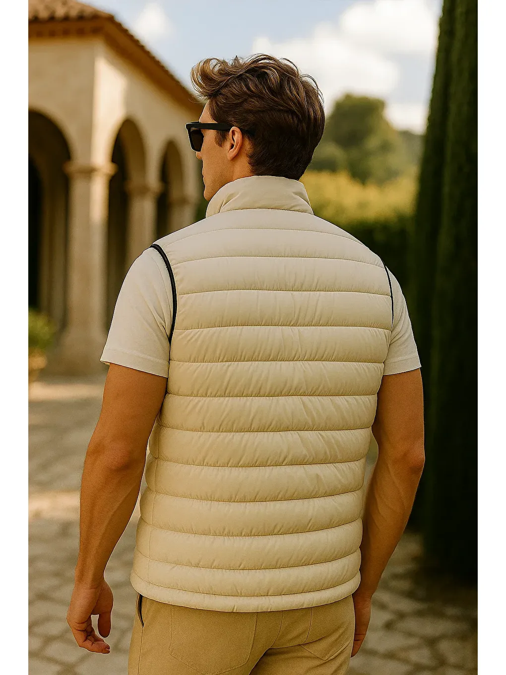 Ekru Erkek Kışlık Premium Trend Fermuarlı Krem Şişme Yelek-3