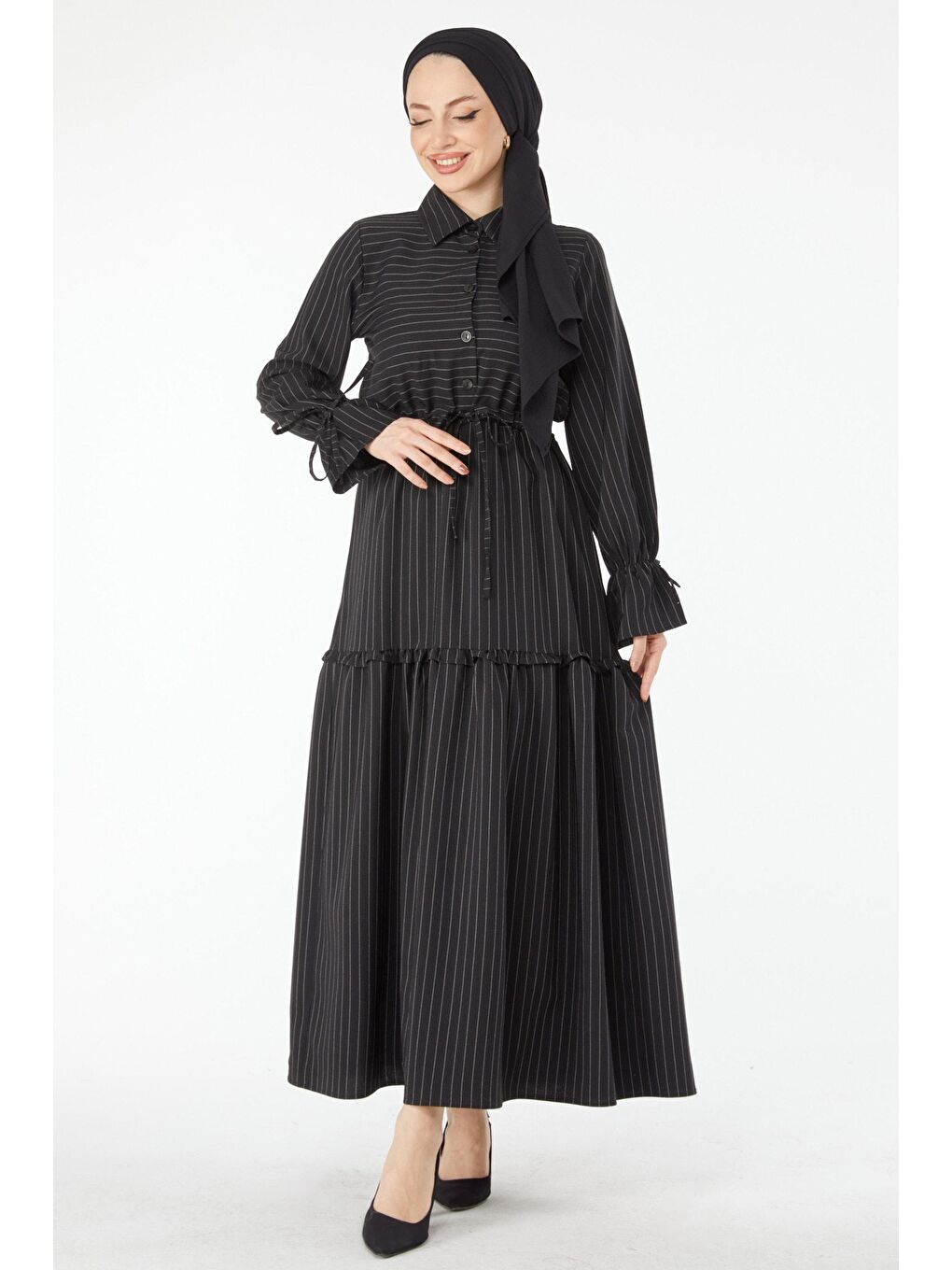 Gömlek Yaka Kadın Siyah Çizgili Bağcık Detaylı Elbise - 24508-3
