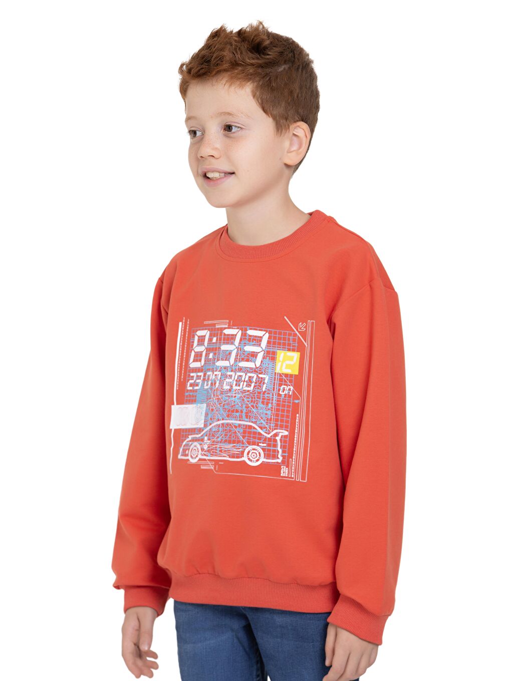 Acar Kiremit Bisiklet Yaka Araba Baskılı Kiremit Renk Erkek Çocuk Sweatshirt