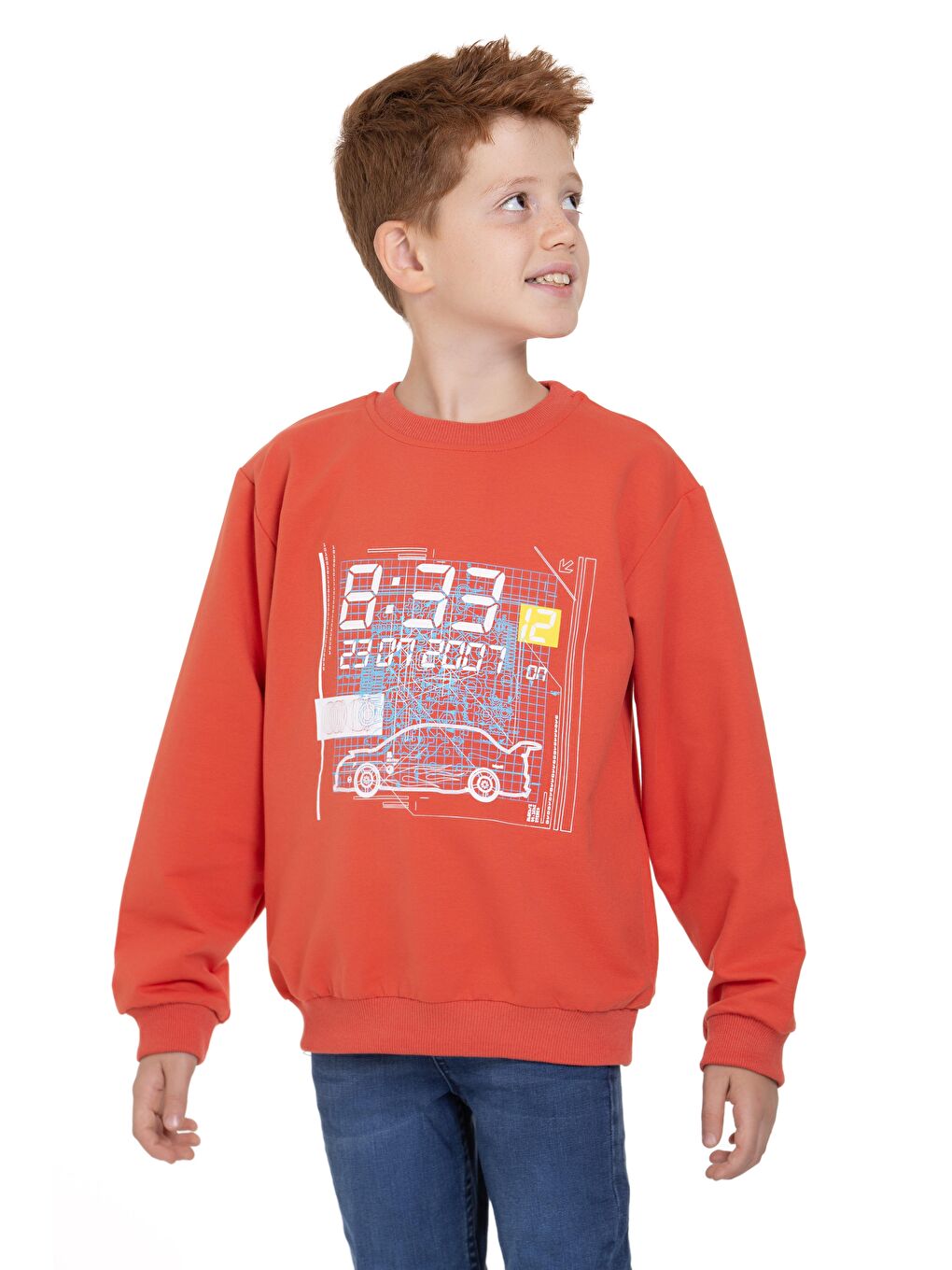 Acar Kiremit Bisiklet Yaka Araba Baskılı Kiremit Renk Erkek Çocuk Sweatshirt - 1