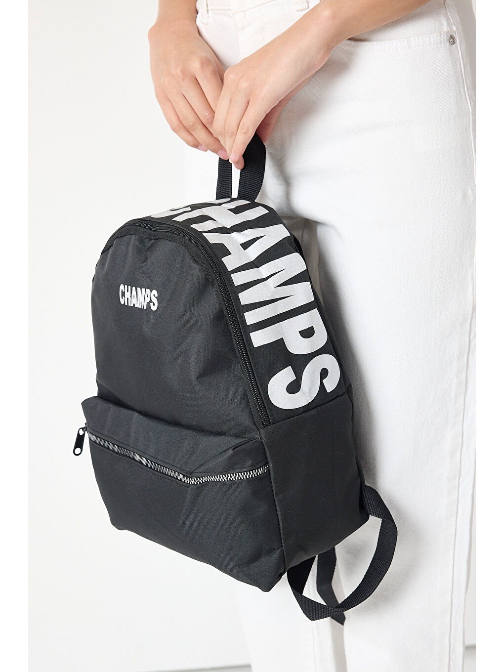 Kadın Siyah Önü Fermuarlı Baskılı Kumaş Sırt Çantası-3