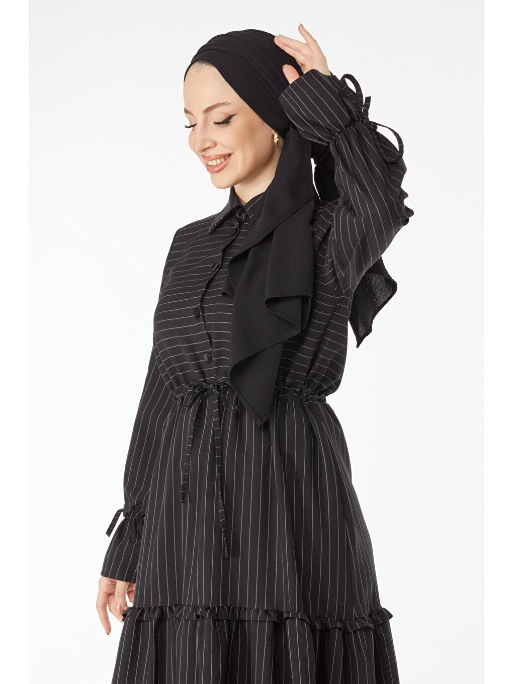 Gömlek Yaka Kadın Siyah Çizgili Bağcık Detaylı Elbise - 24508-4