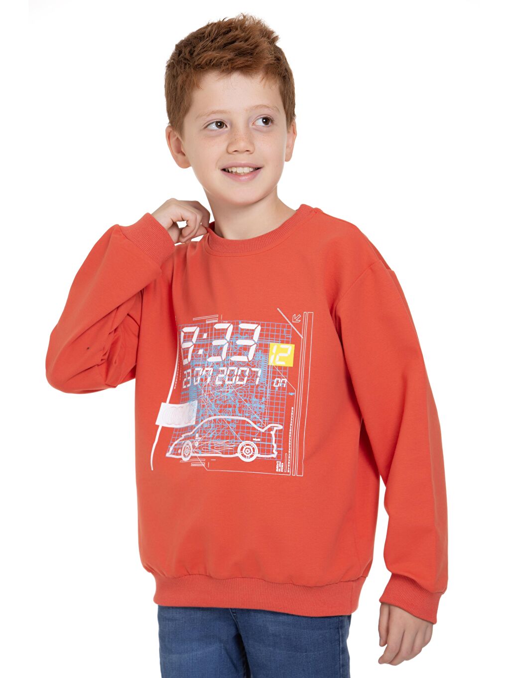 Acar Kiremit Bisiklet Yaka Araba Baskılı Kiremit Renk Erkek Çocuk Sweatshirt - 5