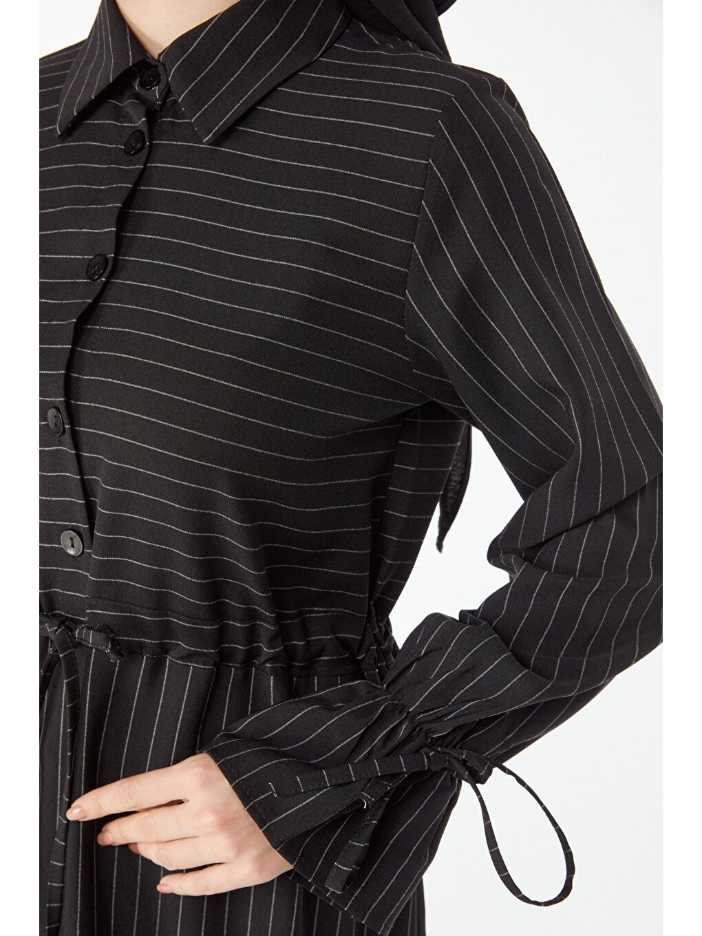 Gömlek Yaka Kadın Siyah Çizgili Bağcık Detaylı Elbise - 24508-5