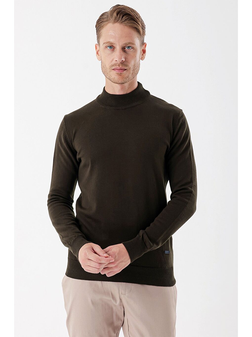 Koyu Haki Uzun Kollu Örme Yarım Balıkçı Yaka Pamuklu Klasik Comfort Fit Triko 1012235001-2