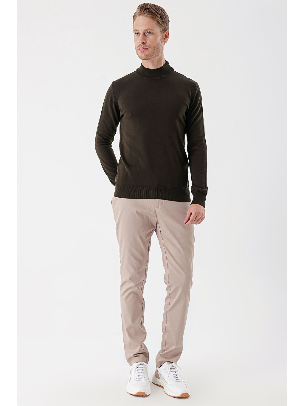 Koyu Haki Uzun Kollu Örme Yarım Balıkçı Yaka Pamuklu Klasik Comfort Fit Triko 1012235001-3