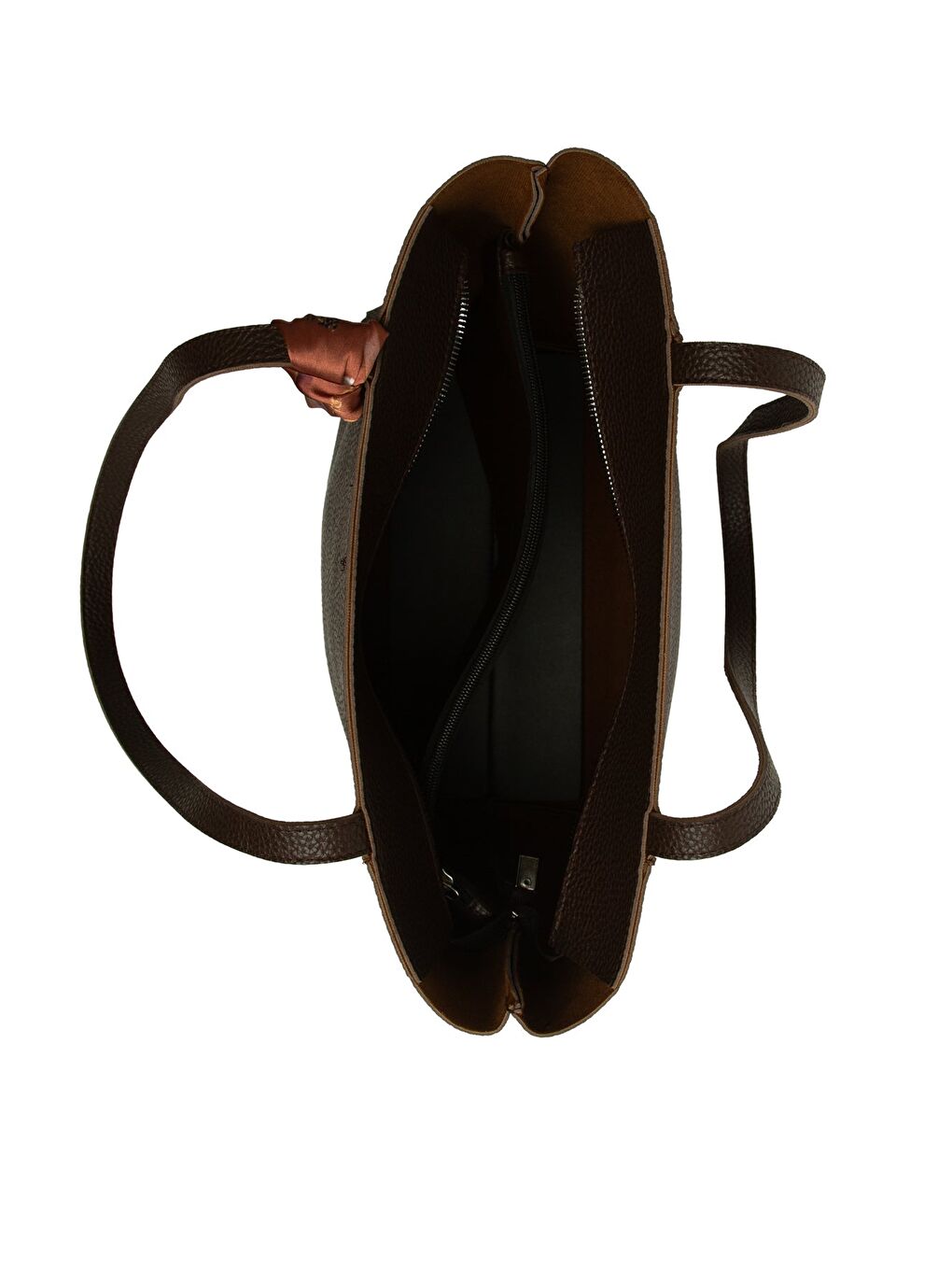 Kahverengi Üç Bölmeli Şallı Tote Çanta-3