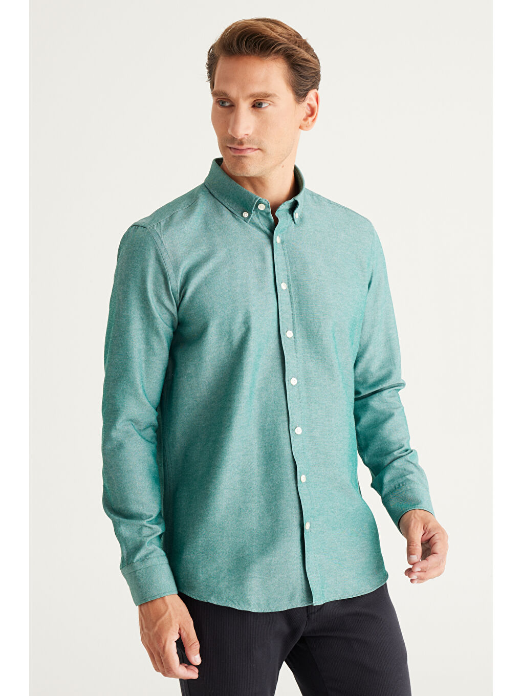 Erkek Yeşil Tailored Slim Fit Dar Kesim Düğmeli Yaka Oxford Gömlek-2