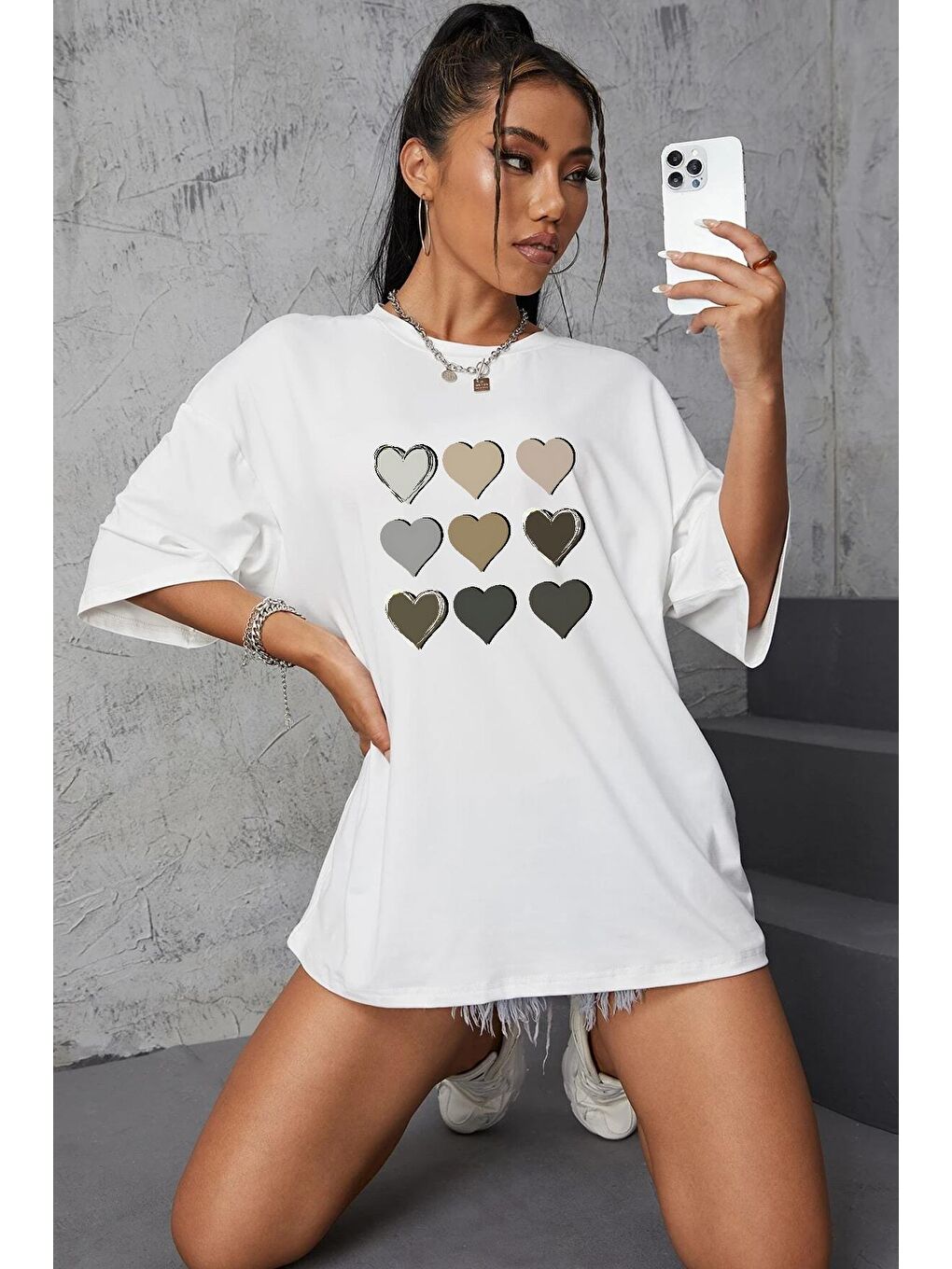 Beyaz Unisex Kalp Baskılı T-shirt-1