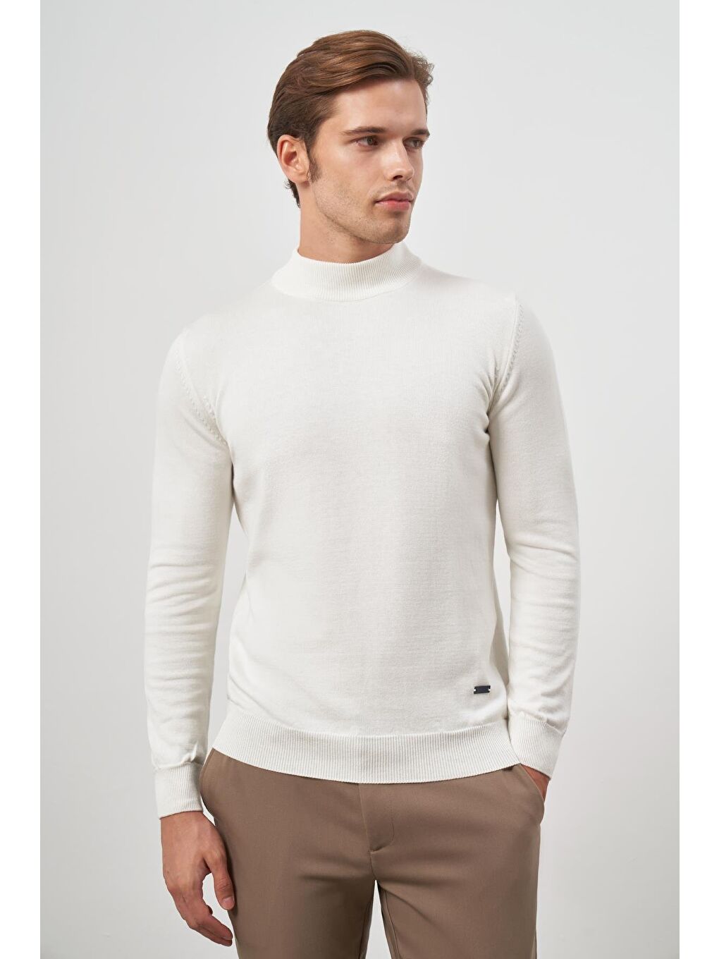 Kahverengi Açık Krem Uzun Kol Düz Örme Yarım Balıkçı Yaka Classic Comfort Fit Triko 1012245001