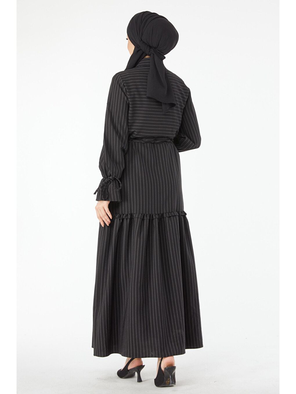 Gömlek Yaka Kadın Siyah Çizgili Bağcık Detaylı Elbise - 24508-6