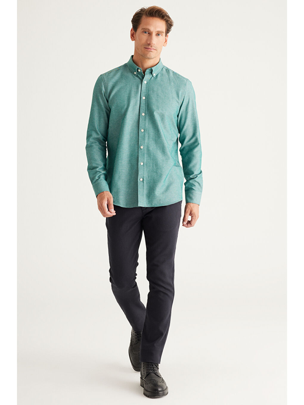 Erkek Yeşil Tailored Slim Fit Dar Kesim Düğmeli Yaka Oxford Gömlek-4