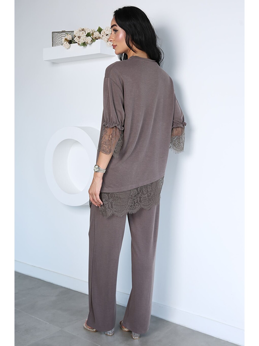 Bej Dantel Detaylı Bluz Pantolon Kubra Modal İkili Takım-3