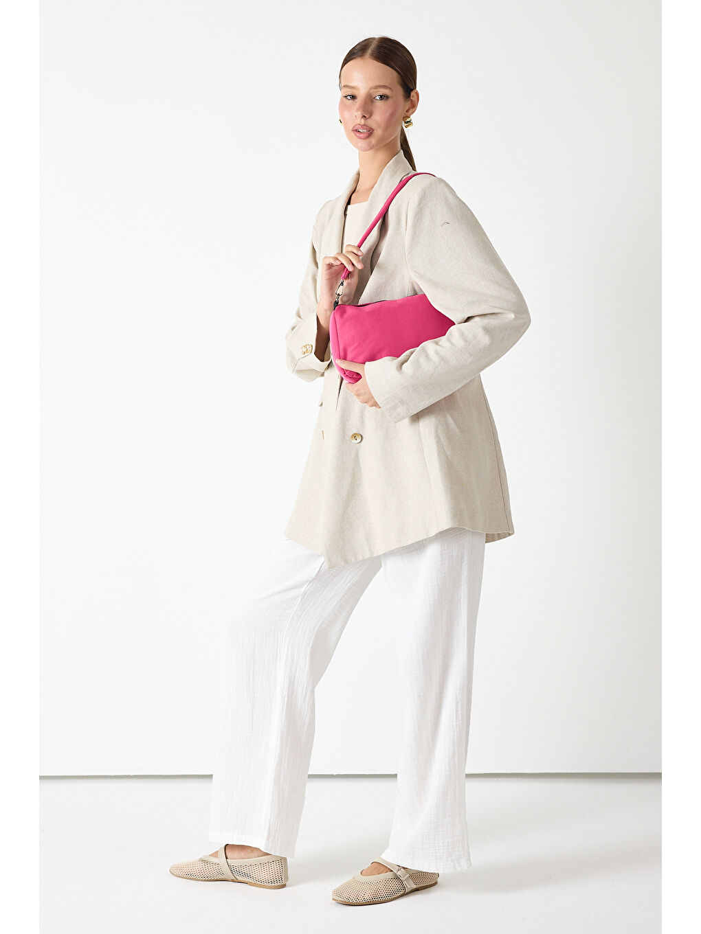 Kadın Fuşya Minimal Tasarım Kumaş Baget Omuz Çantası-3