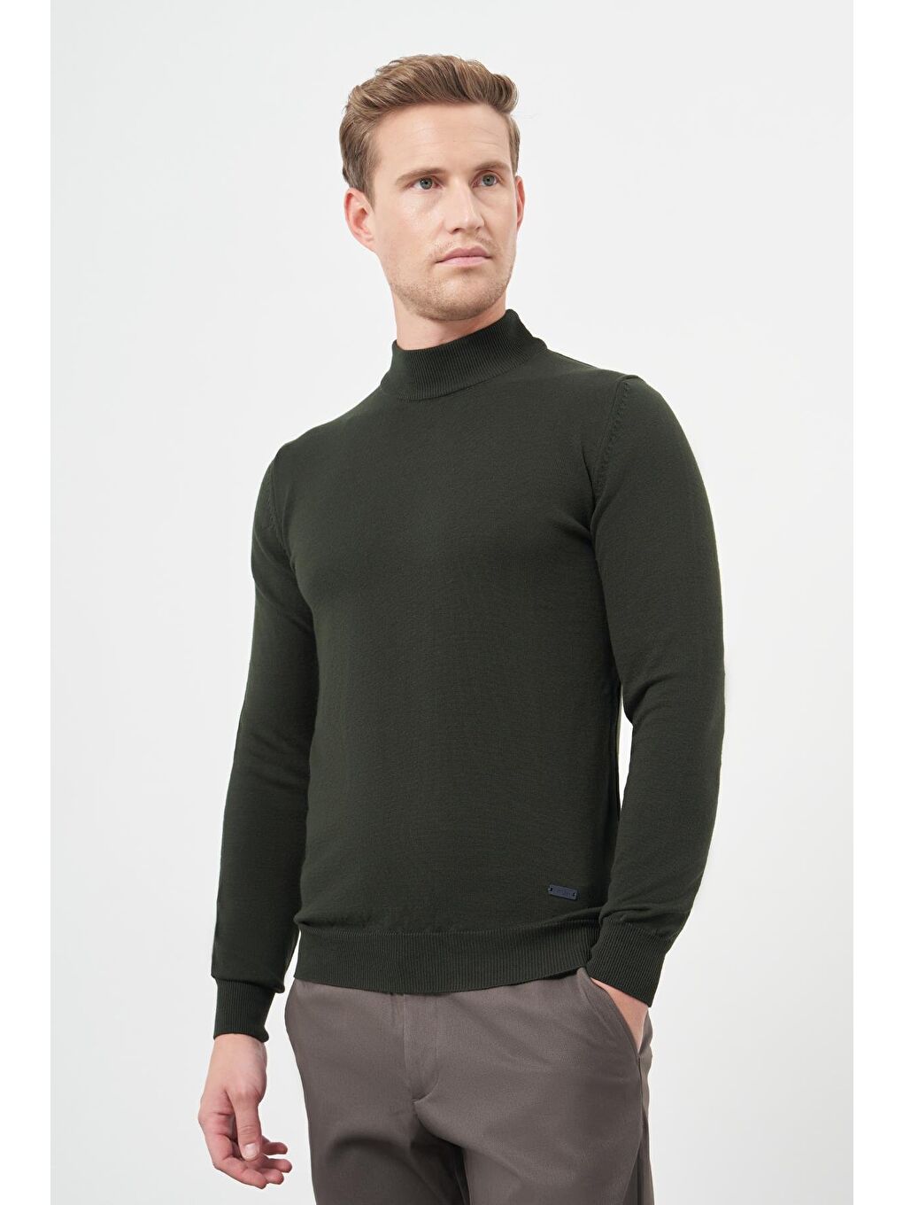 Koyu Haki Uzun Kol Düz Örme Yarım Balıkçı Yaka Classic Comfort Fit Triko 1012245001