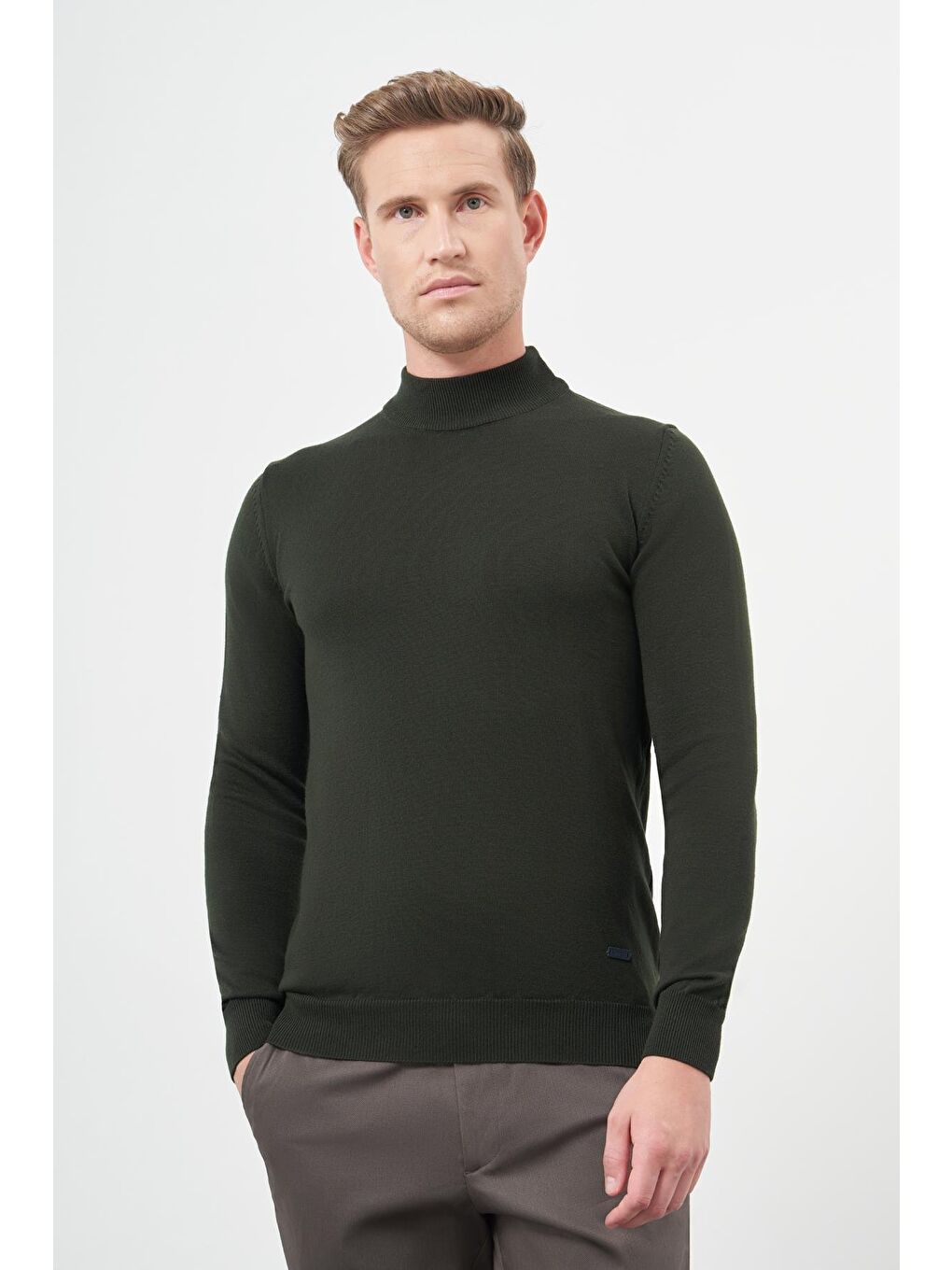 Koyu Haki Uzun Kol Düz Örme Yarım Balıkçı Yaka Classic Comfort Fit Triko 1012245001-2