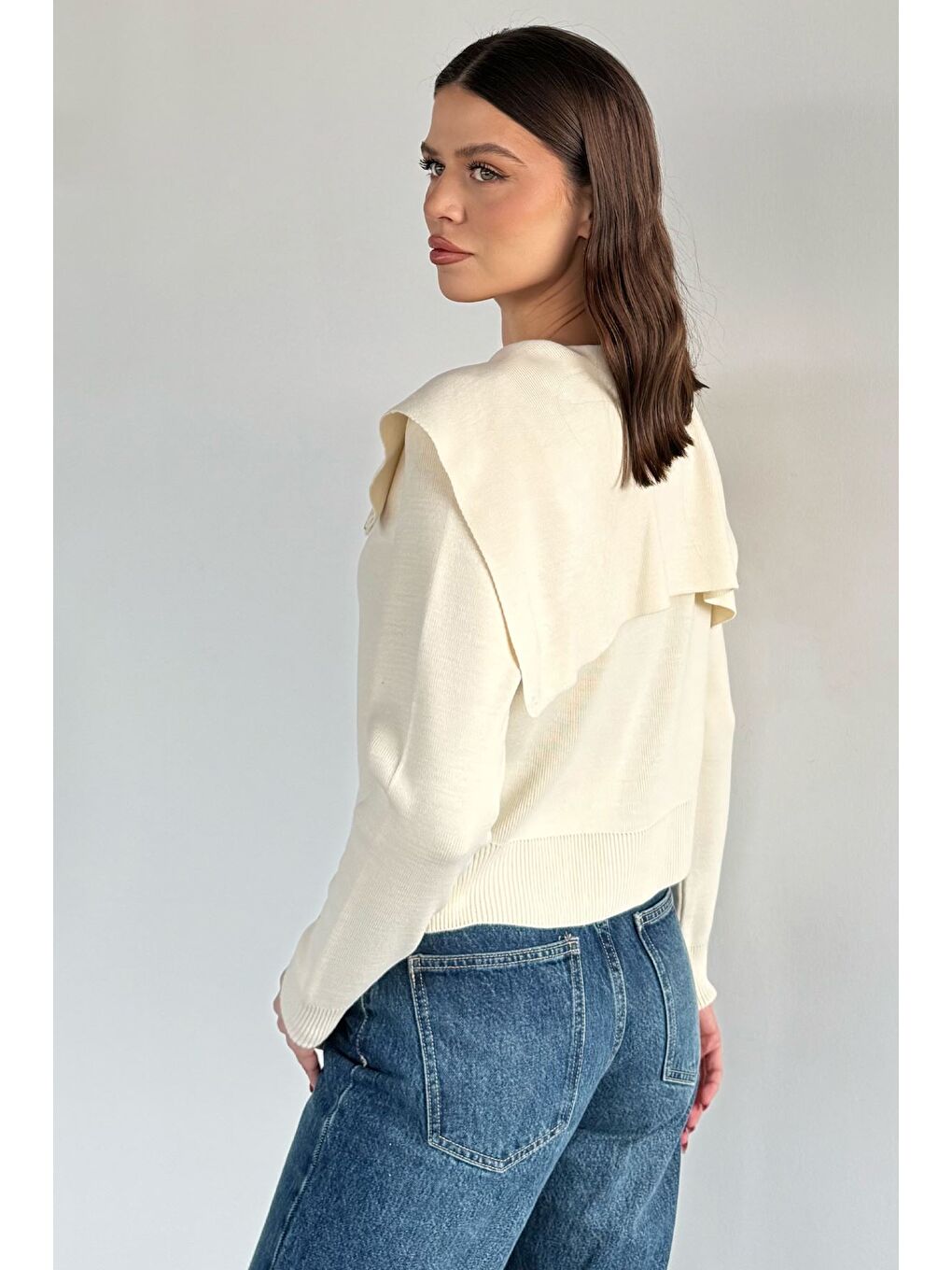 Ekru Kadın Bebe Yaka Fermuarlı Triko Bluz-3