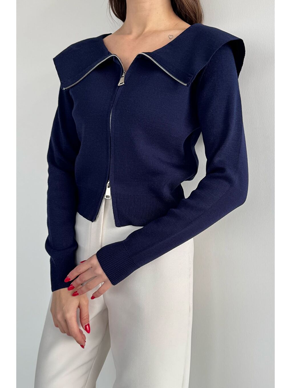 Lacivert Kadın Bebe Yaka Fermuarlı Triko Bluz