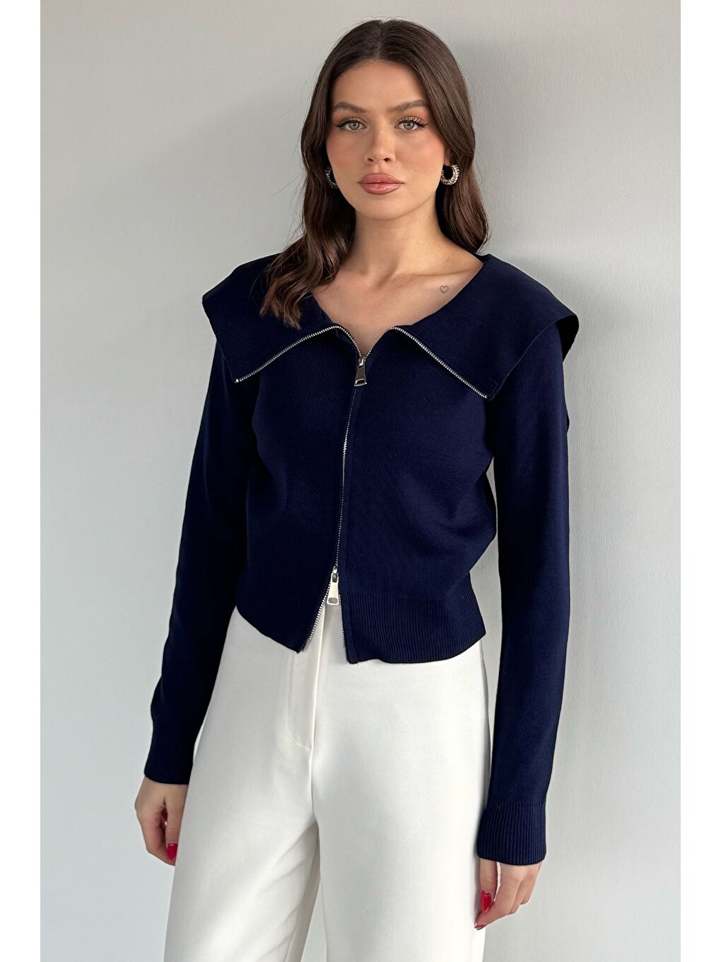 Lacivert Kadın Bebe Yaka Fermuarlı Triko Bluz-1