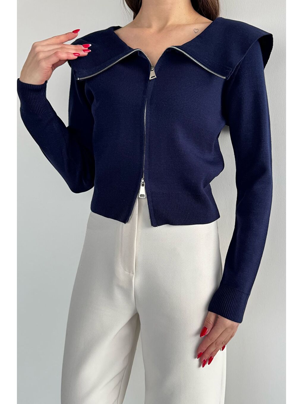 Lacivert Kadın Bebe Yaka Fermuarlı Triko Bluz-2