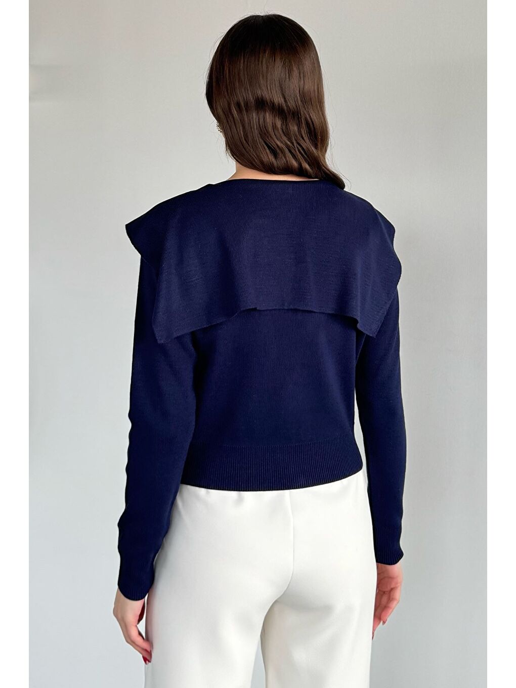 Lacivert Kadın Bebe Yaka Fermuarlı Triko Bluz-3