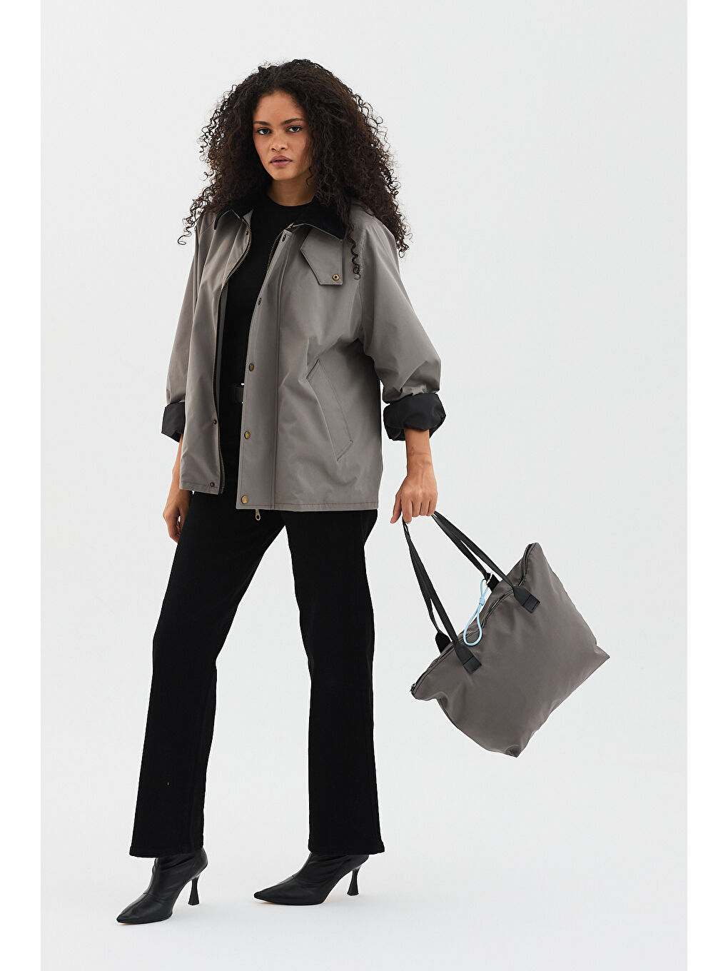 Gri Kadın Füme Fermuarlı Kumaş Saplı Omuz Çantası-2