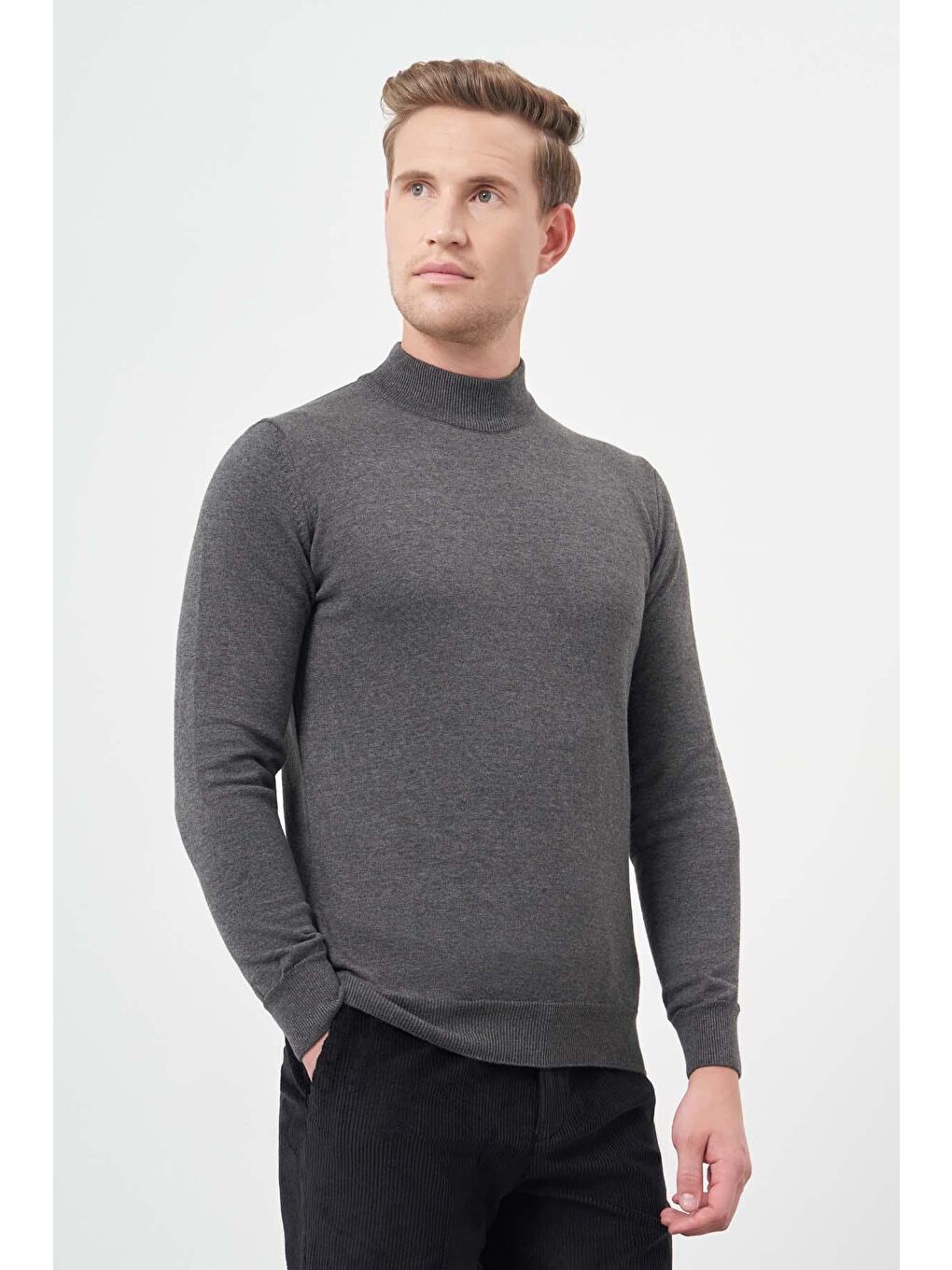 Gri Füme Uzun Kol Düz Örme Yarım Balıkçı Yaka Classic Comfort Fit Triko 1012245001