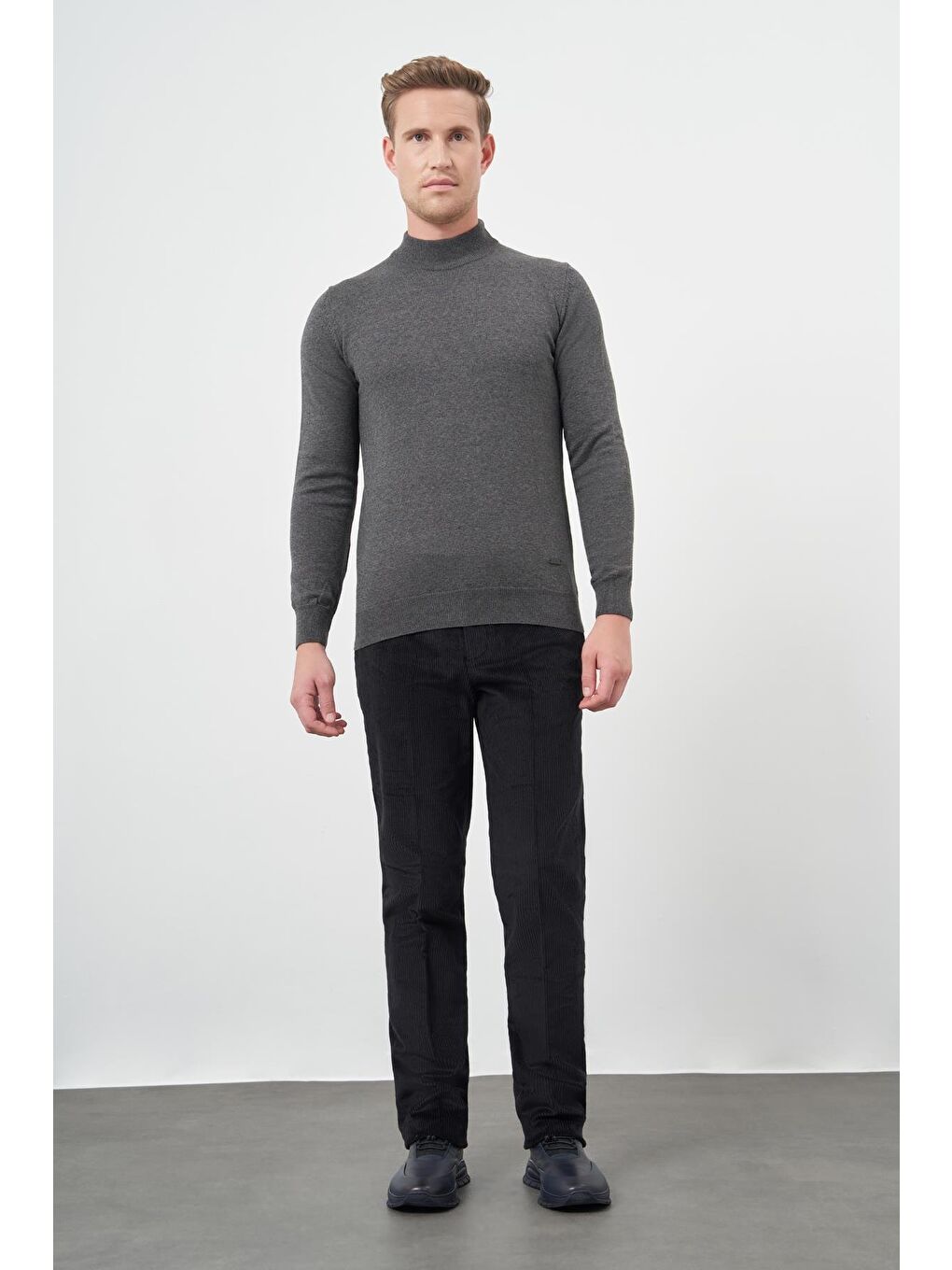 Gri Füme Uzun Kol Düz Örme Yarım Balıkçı Yaka Classic Comfort Fit Triko 1012245001-1