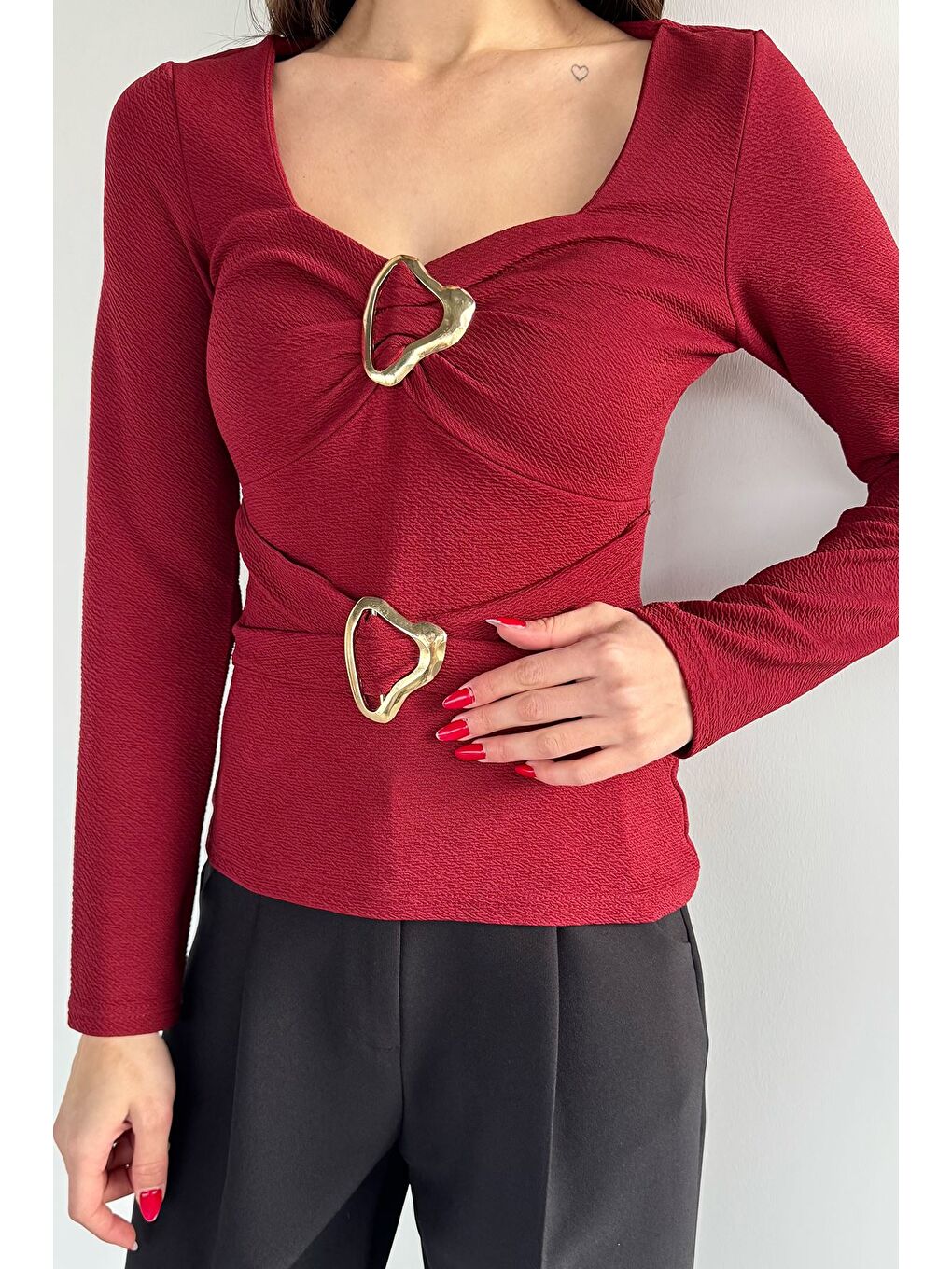 Bordo Kadın Tokalı Bluz-1