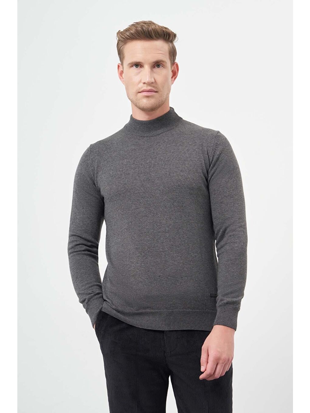 Gri Füme Uzun Kol Düz Örme Yarım Balıkçı Yaka Classic Comfort Fit Triko 1012245001-2