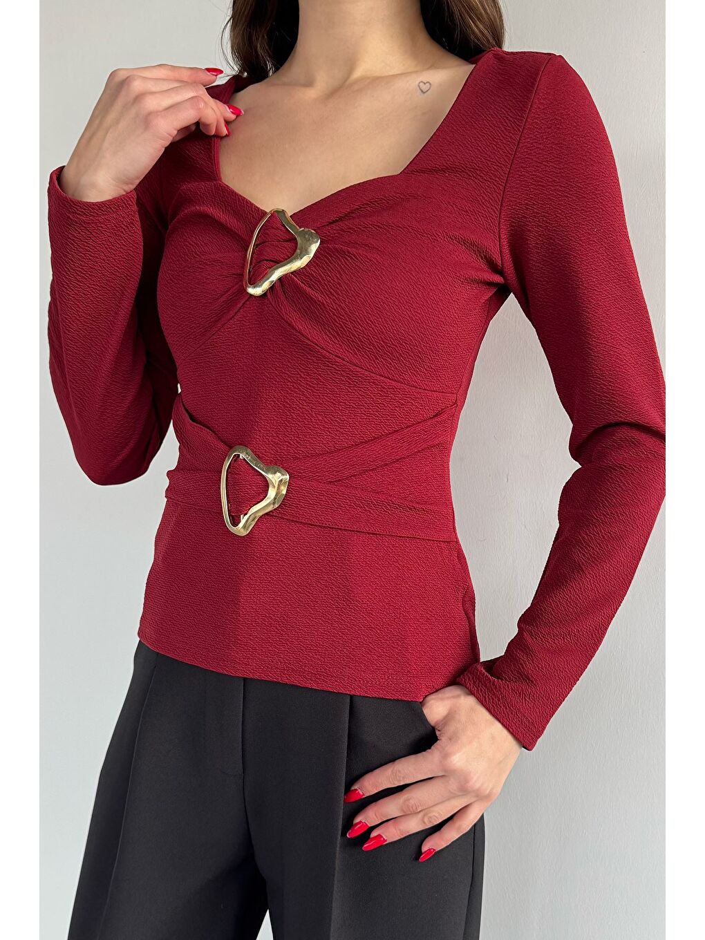 Bordo Kadın Tokalı Bluz-2