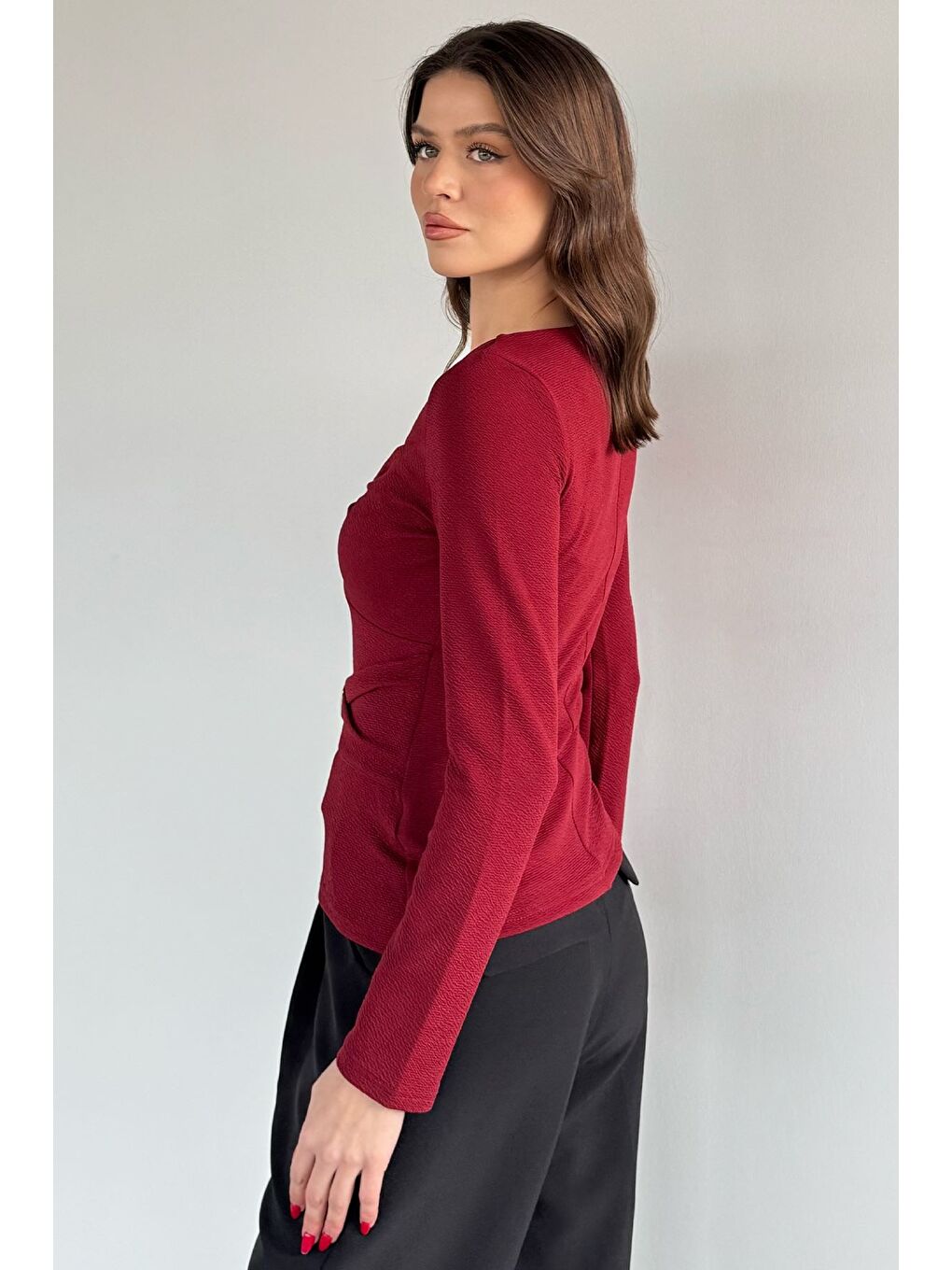 Bordo Kadın Tokalı Bluz-3