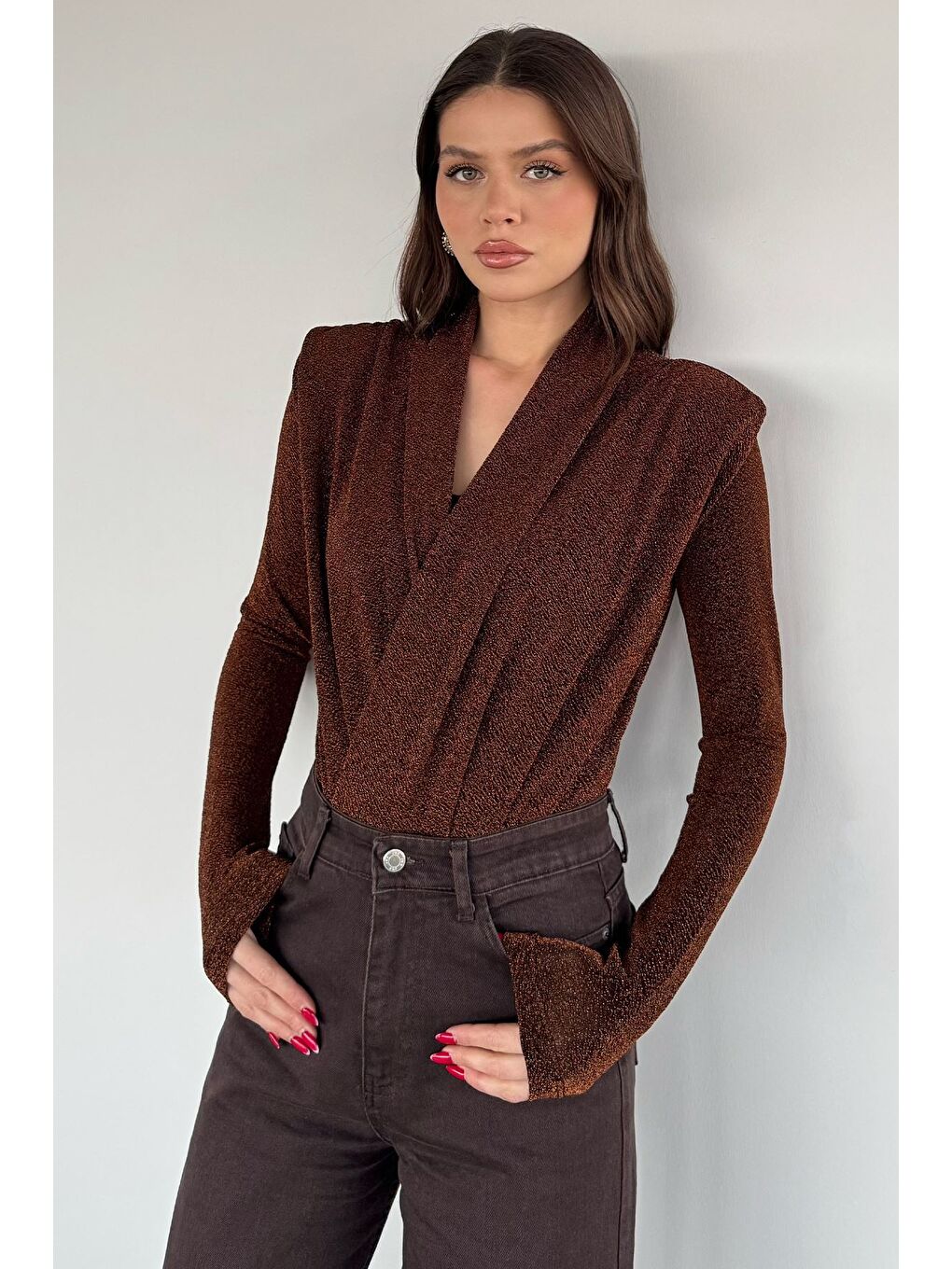 Kahverengi Kadın Simli Zıbınlı Bluz