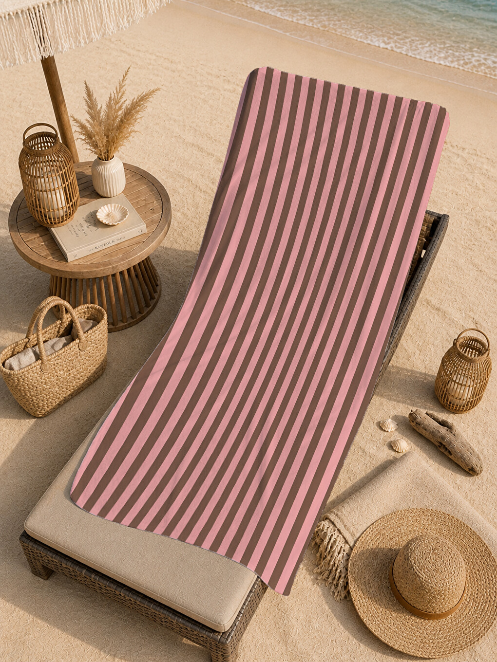 Kahverengi Retro Gül Kurusu Kahve Çizgili Desenli 70x150 Plaj Havlusu - Dijital Baskılı Banyo Havlusu-3