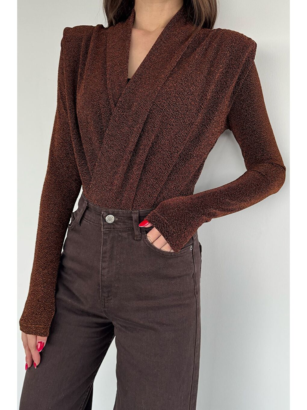 Kahverengi Kadın Simli Zıbınlı Bluz-1