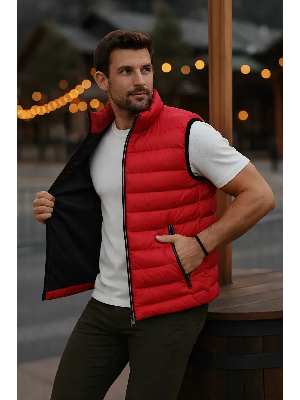 Erkek Astarlı Kışlık Cepli Fermuarlı Kırmızı Şişme Yelek