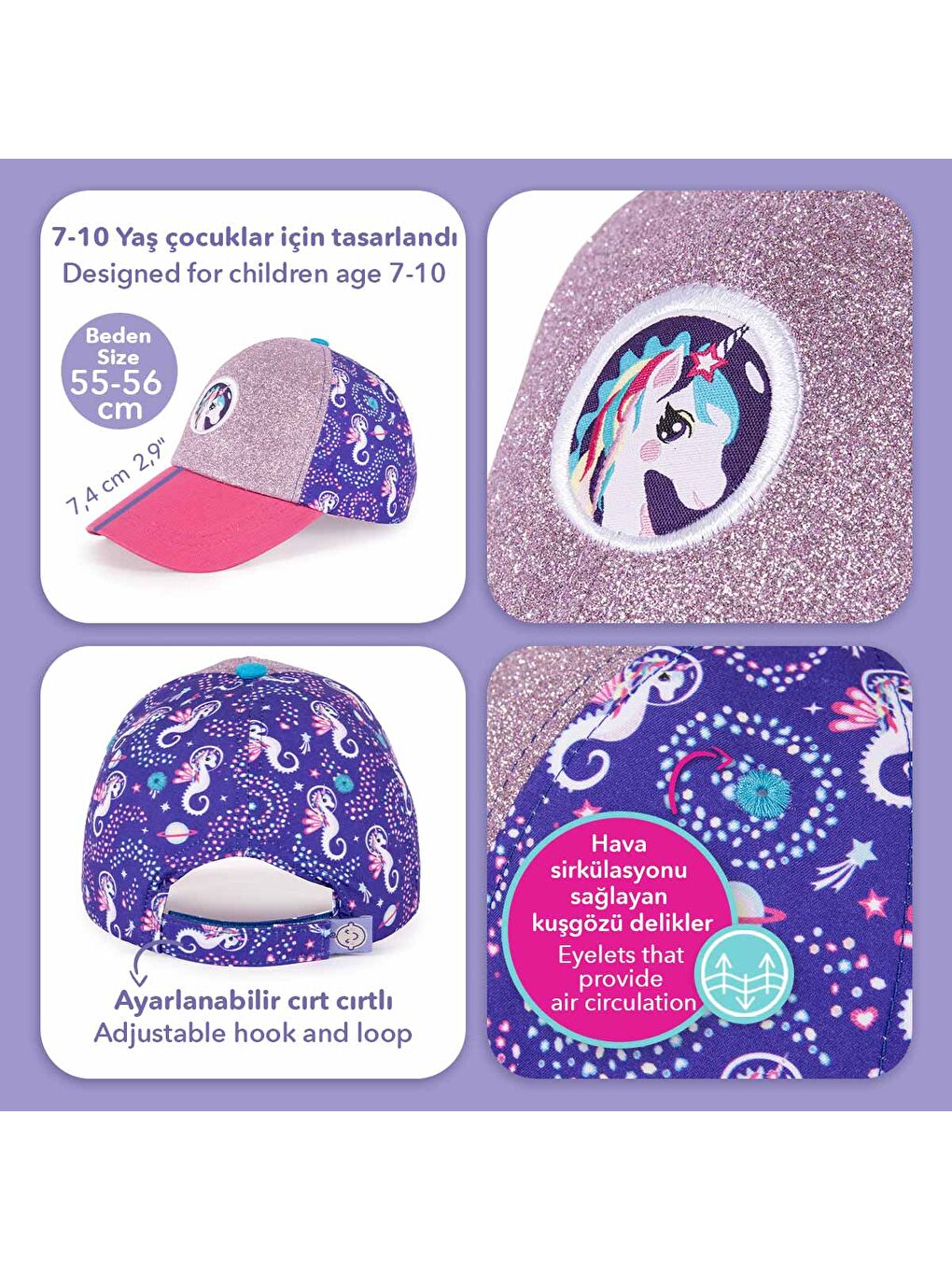 Ayris 7-10 Yaş Kız Şapkası - Temalı, Simli, Pembe-Mor, Ayarlanabilir Yazlık-5