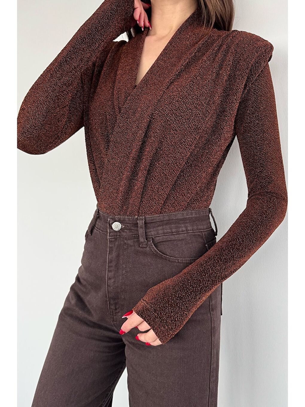 Kahverengi Kadın Simli Zıbınlı Bluz-2