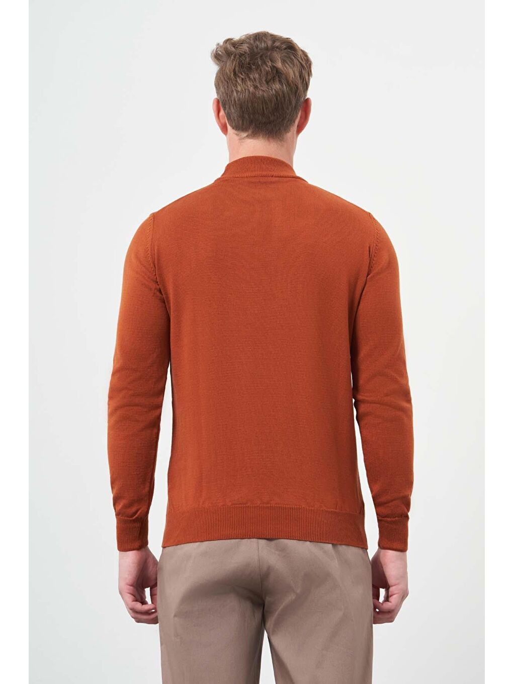 Kahverengi Kiremit Uzun Kol Düz Örme Yarım Balıkçı Yaka Classic Comfort Fit Triko 1012245001-5