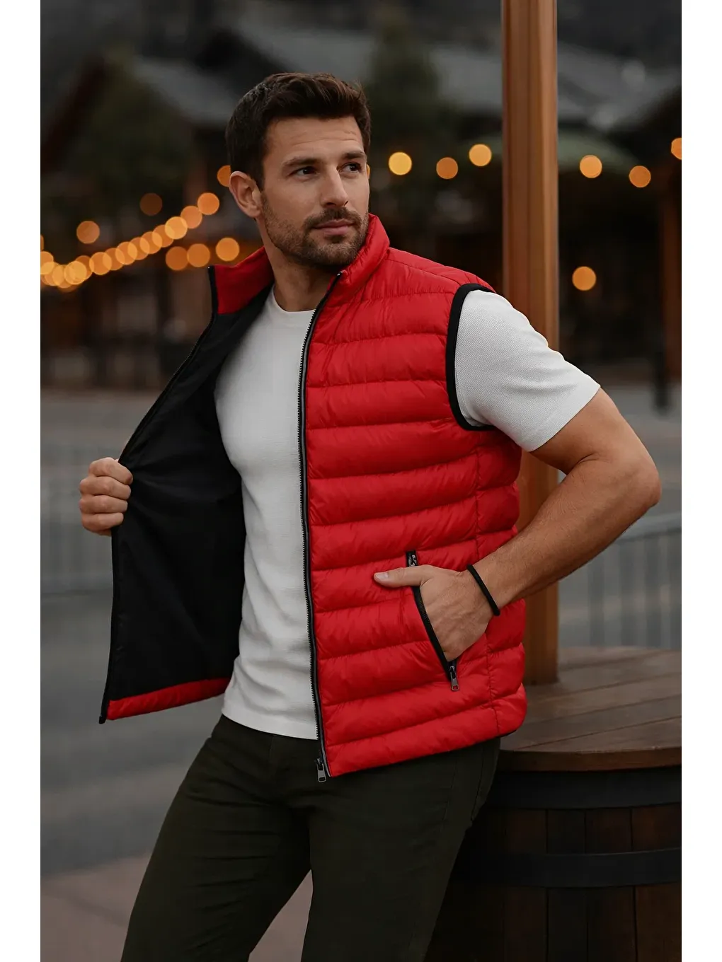 Erkek Astarlı Kışlık Cepli Fermuarlı Kırmızı Şişme Yelek-1