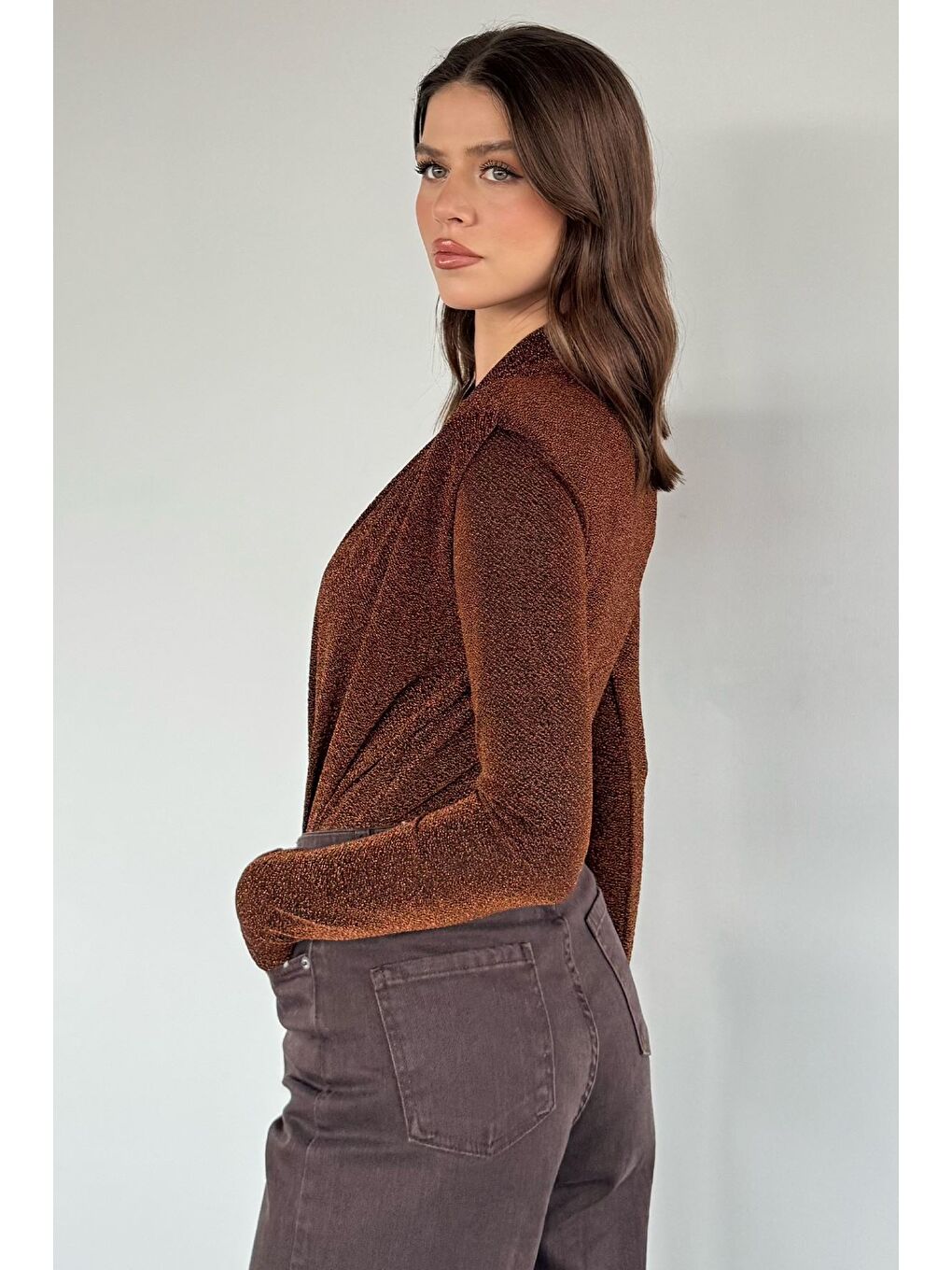 Kahverengi Kadın Simli Zıbınlı Bluz-3