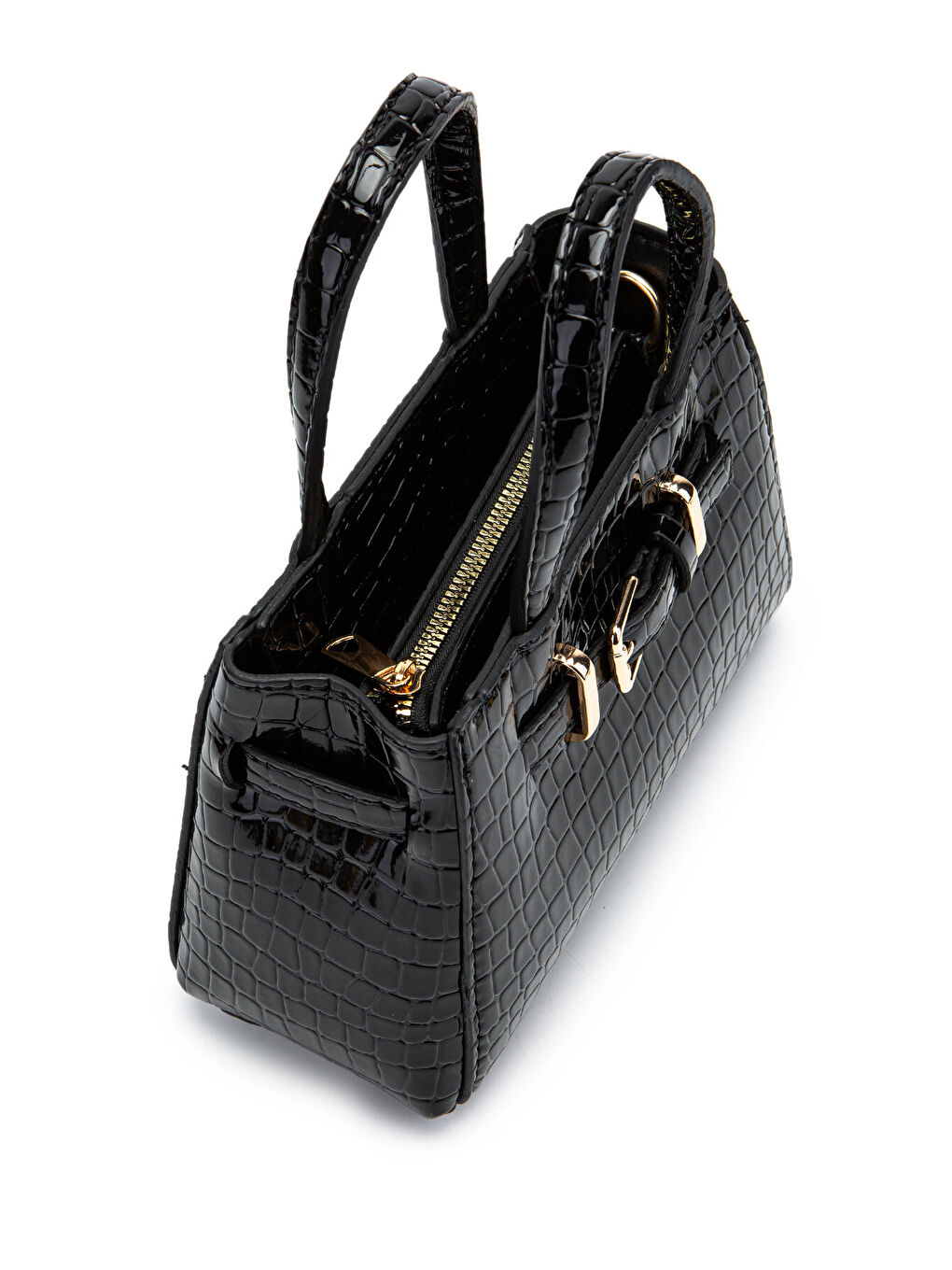 Kemer Detaylı Mini Nadia Kadın Çapraz Çanta Siyah Croco-4
