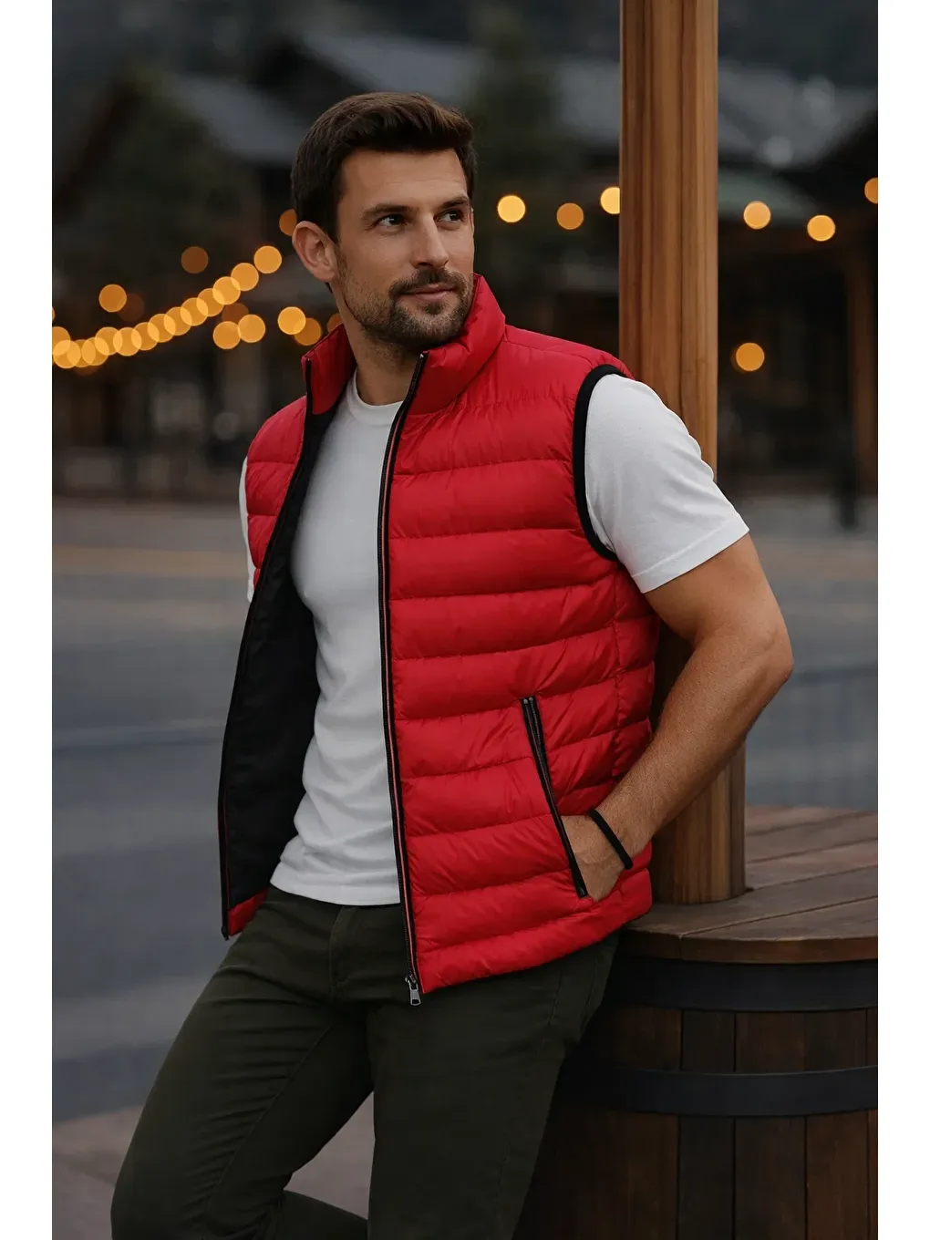 Erkek Astarlı Kışlık Cepli Fermuarlı Kırmızı Şişme Yelek-2