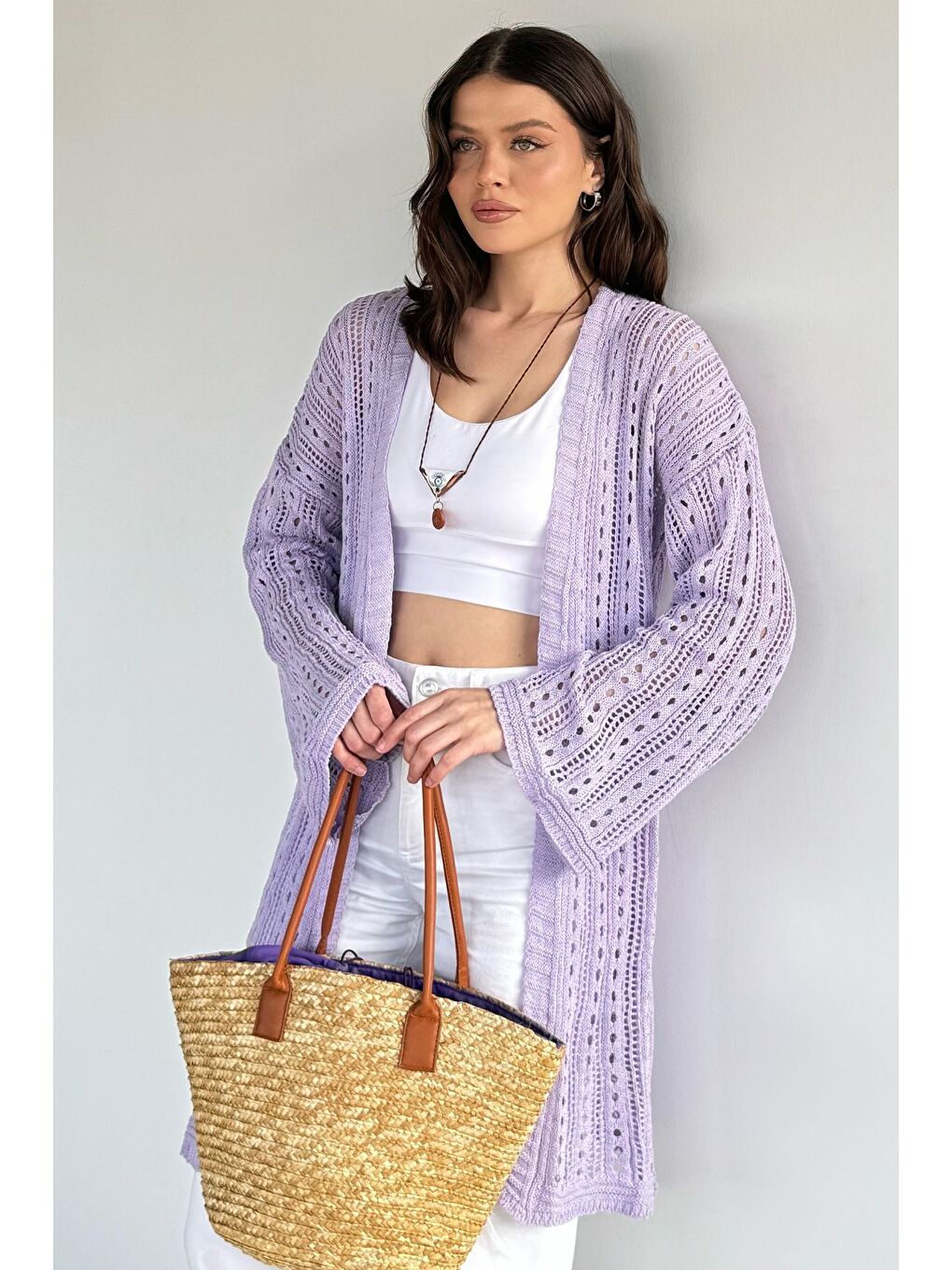 Lila Kadın Ajurlu Triko Hırka-1