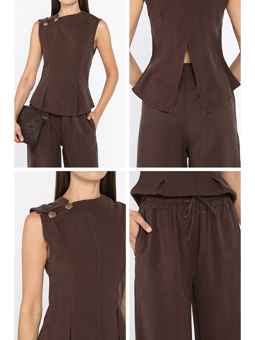 Kahverengi Modal Kumaş Bluz Pantolon İkili Takım-4