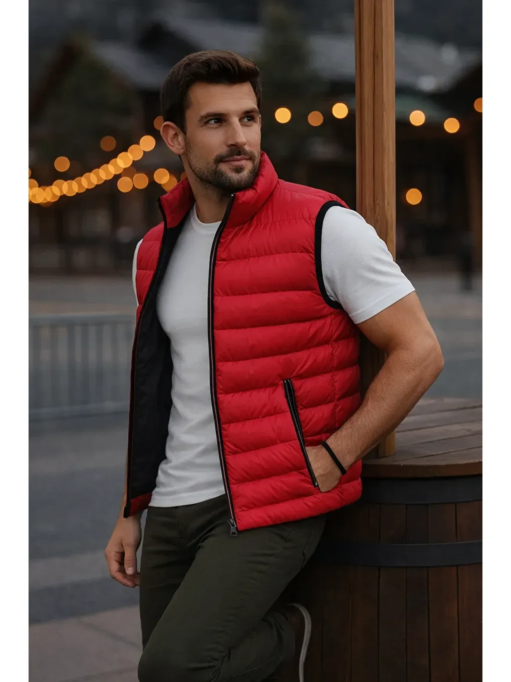 Erkek Astarlı Kışlık Cepli Fermuarlı Kırmızı Şişme Yelek-3