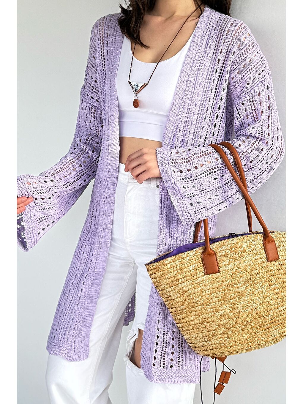 Lila Kadın Ajurlu Triko Hırka-2