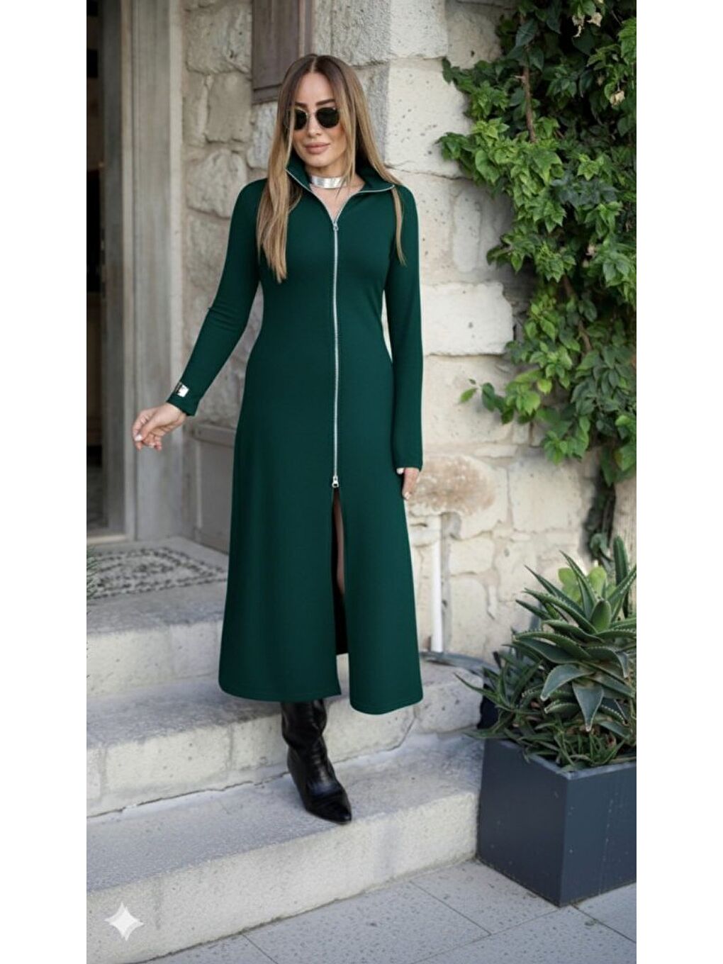 Yeşil Kadın Uzun Kollu önden Fermuarlı Ithal Krep Elbise